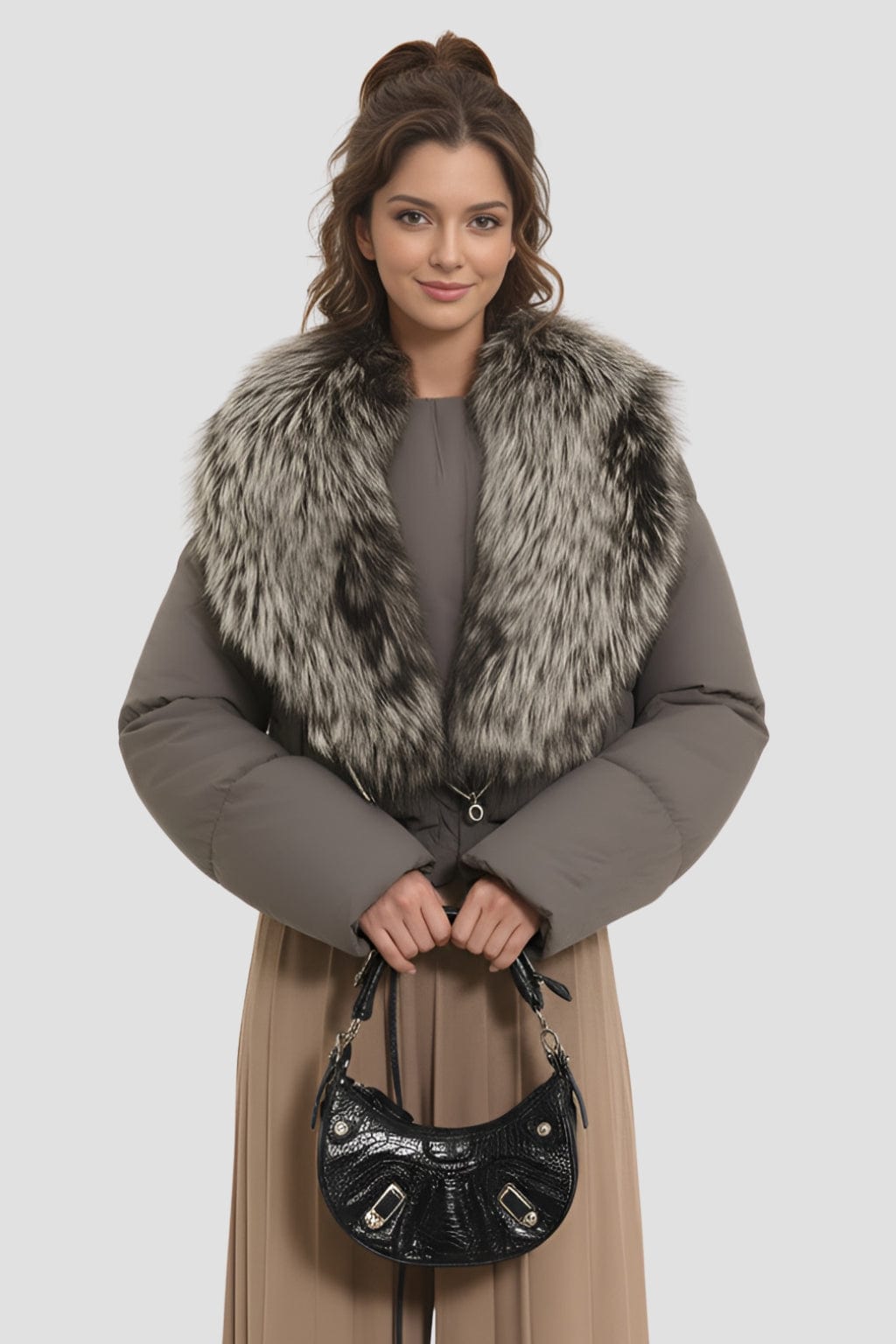 Blouson fourrure femme col argenté Héritage fourrure