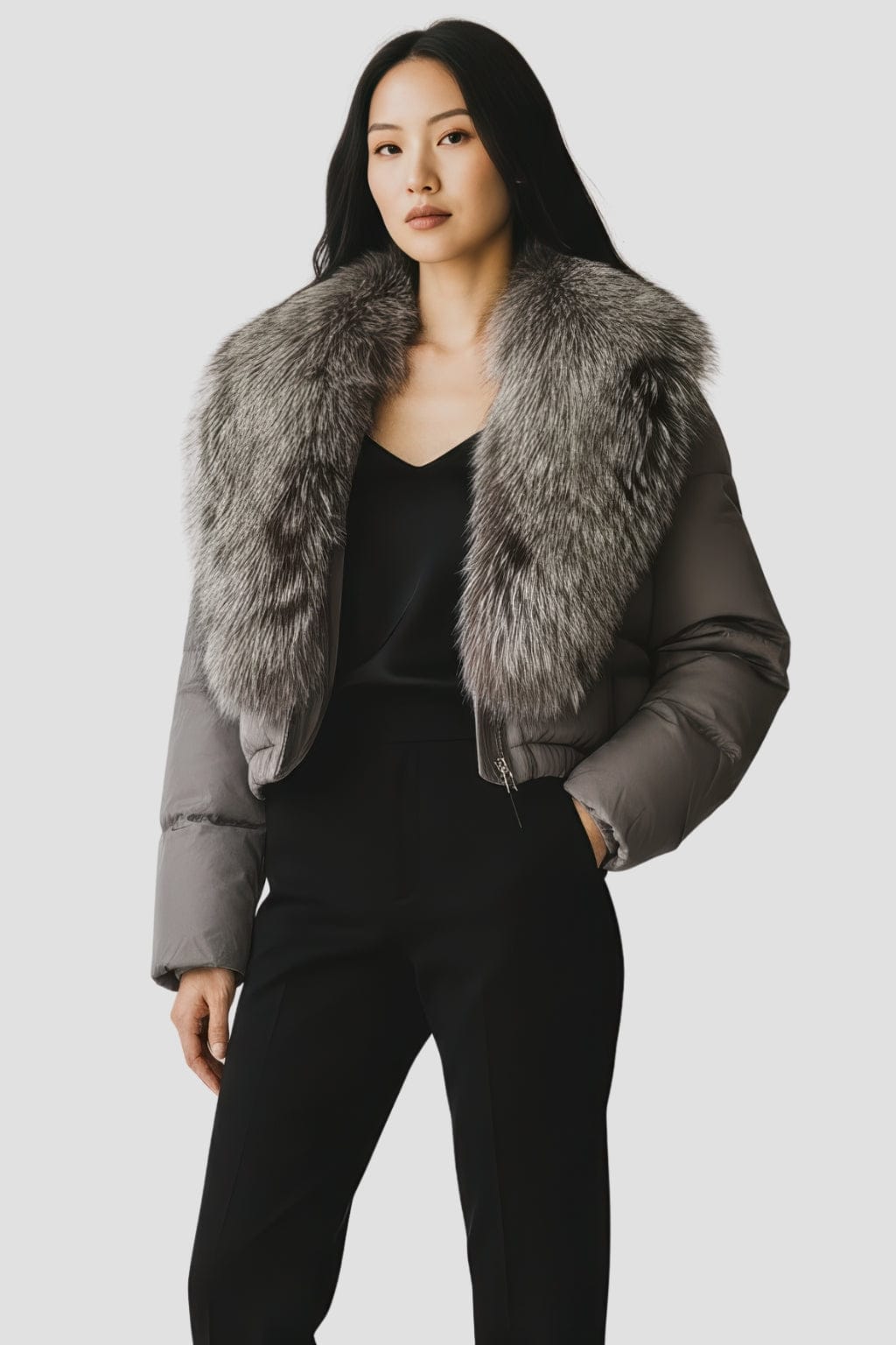 Blouson fourrure femme col argenté Héritage fourrure