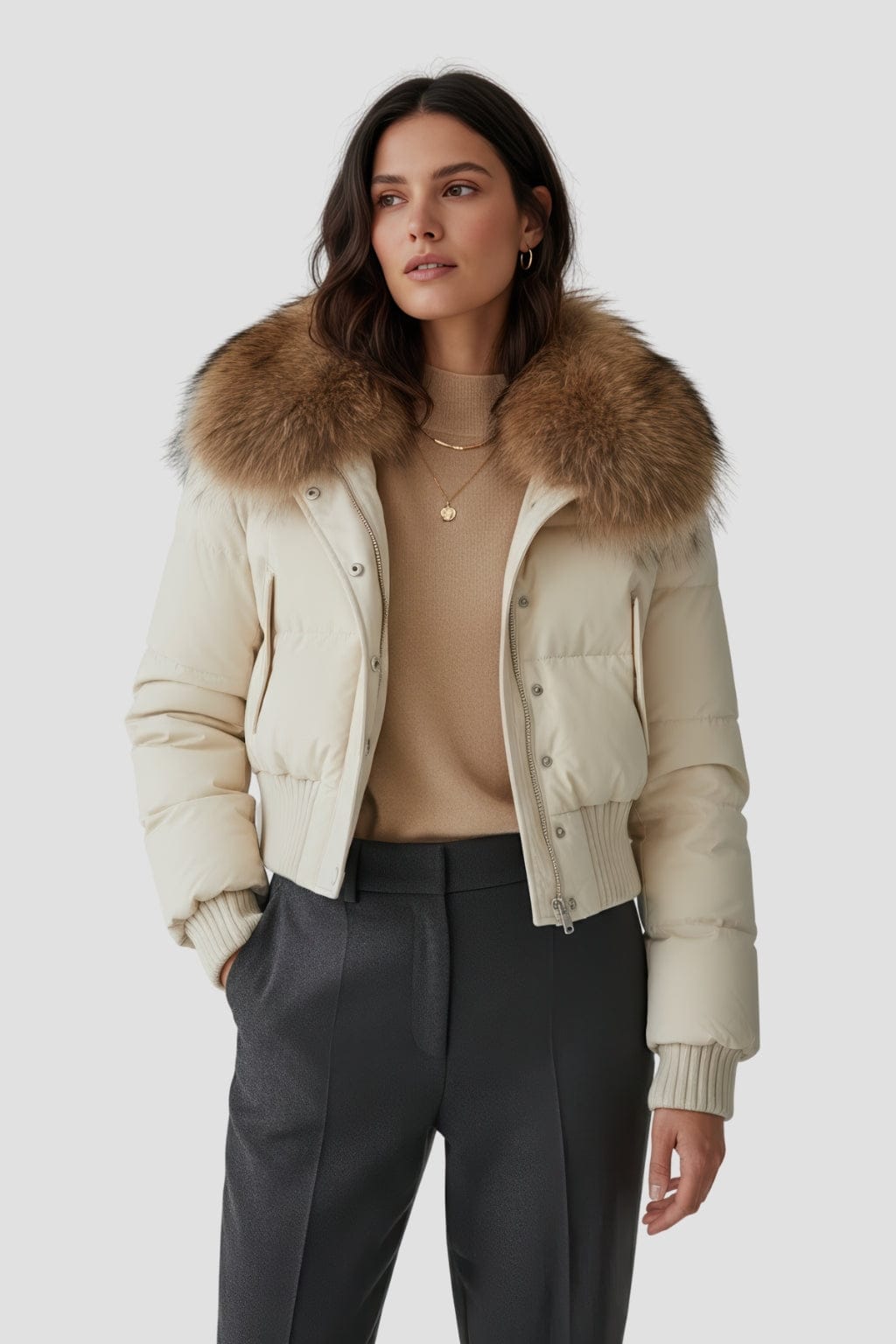 Blouson fourrure femme mi long beige Héritage fourrure