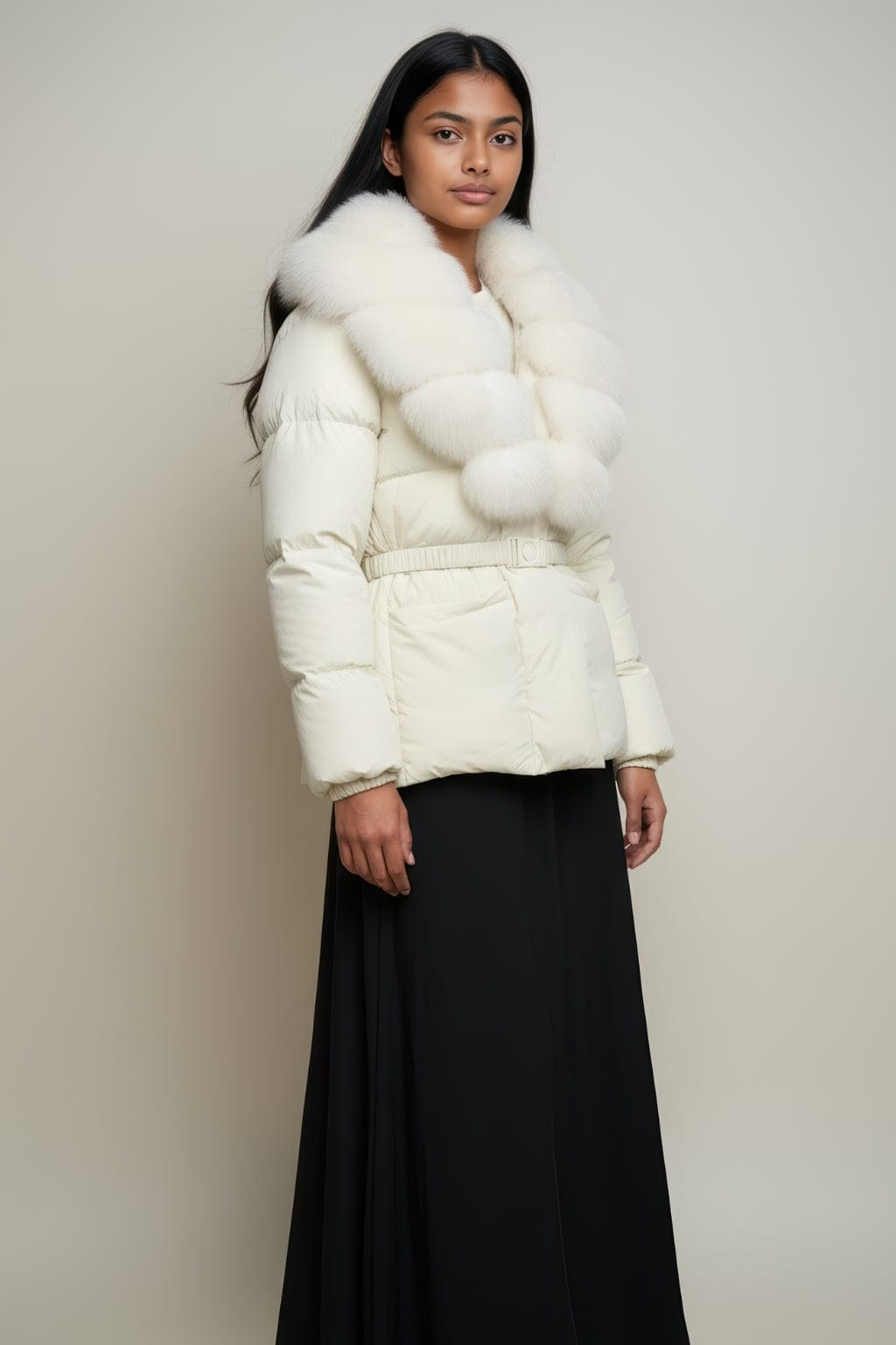 Blouson fourrure femme mi long beige Héritage fourrure