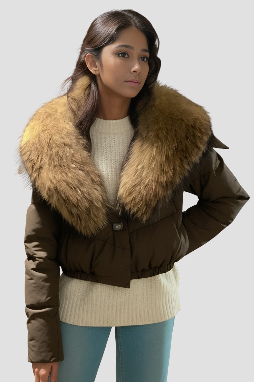 Blouson fourrure femme mi long marron Héritage fourrure