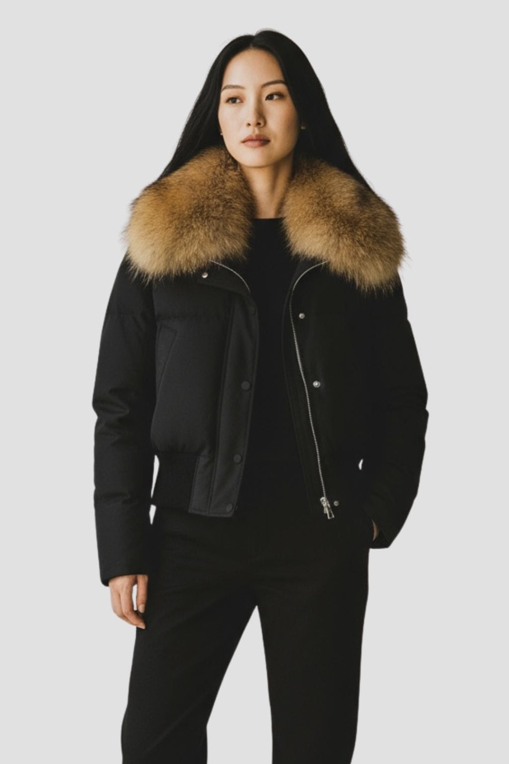 Blouson fourrure femme mi long noir Héritage fourrure