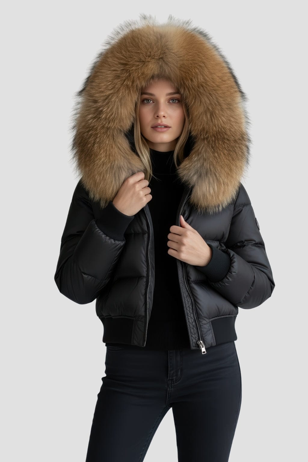 Doudoune à capuche en fourrure femme marron Héritage fourrure