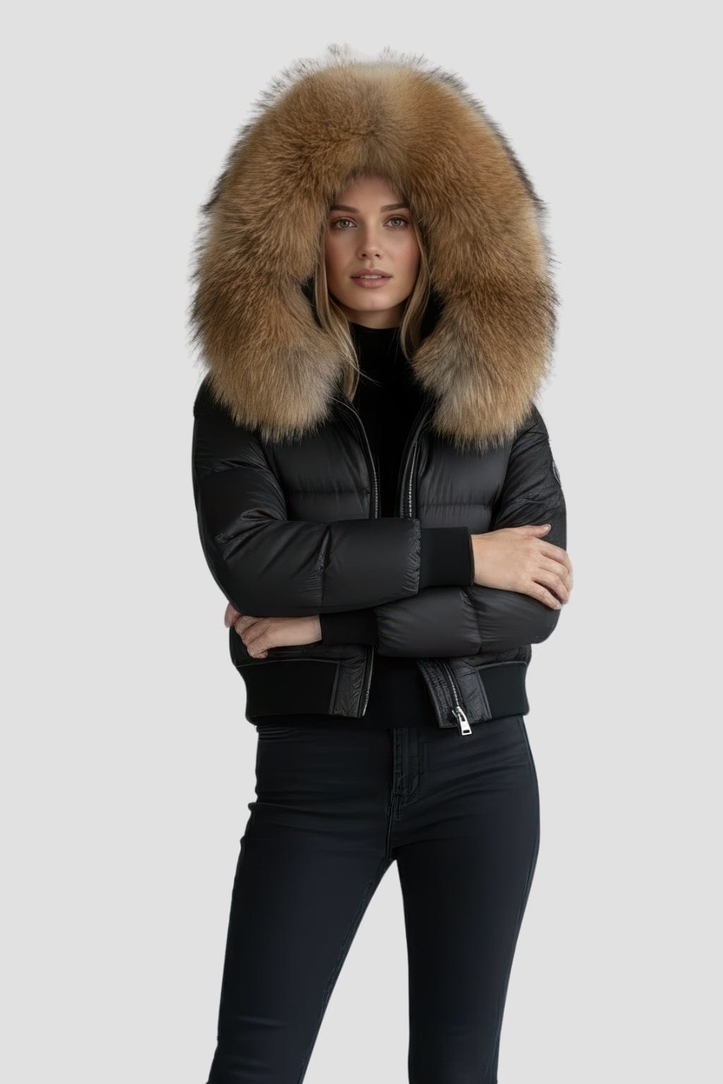 Doudoune à capuche en fourrure femme marron Héritage fourrure