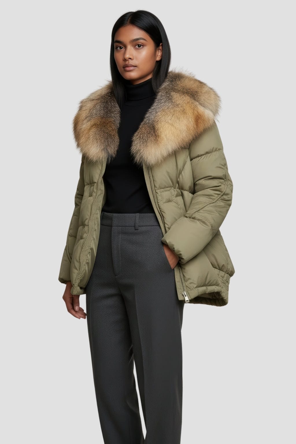 Doudoune à fourrure longue kaki Héritage fourrure