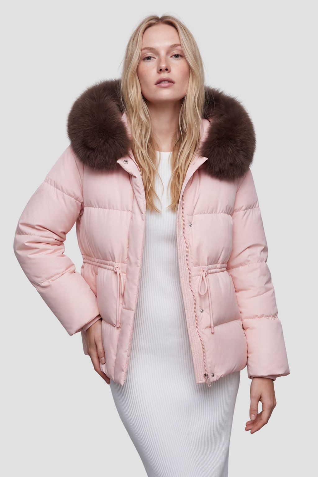Doudoune col en fourrure femme rose Héritage fourrure