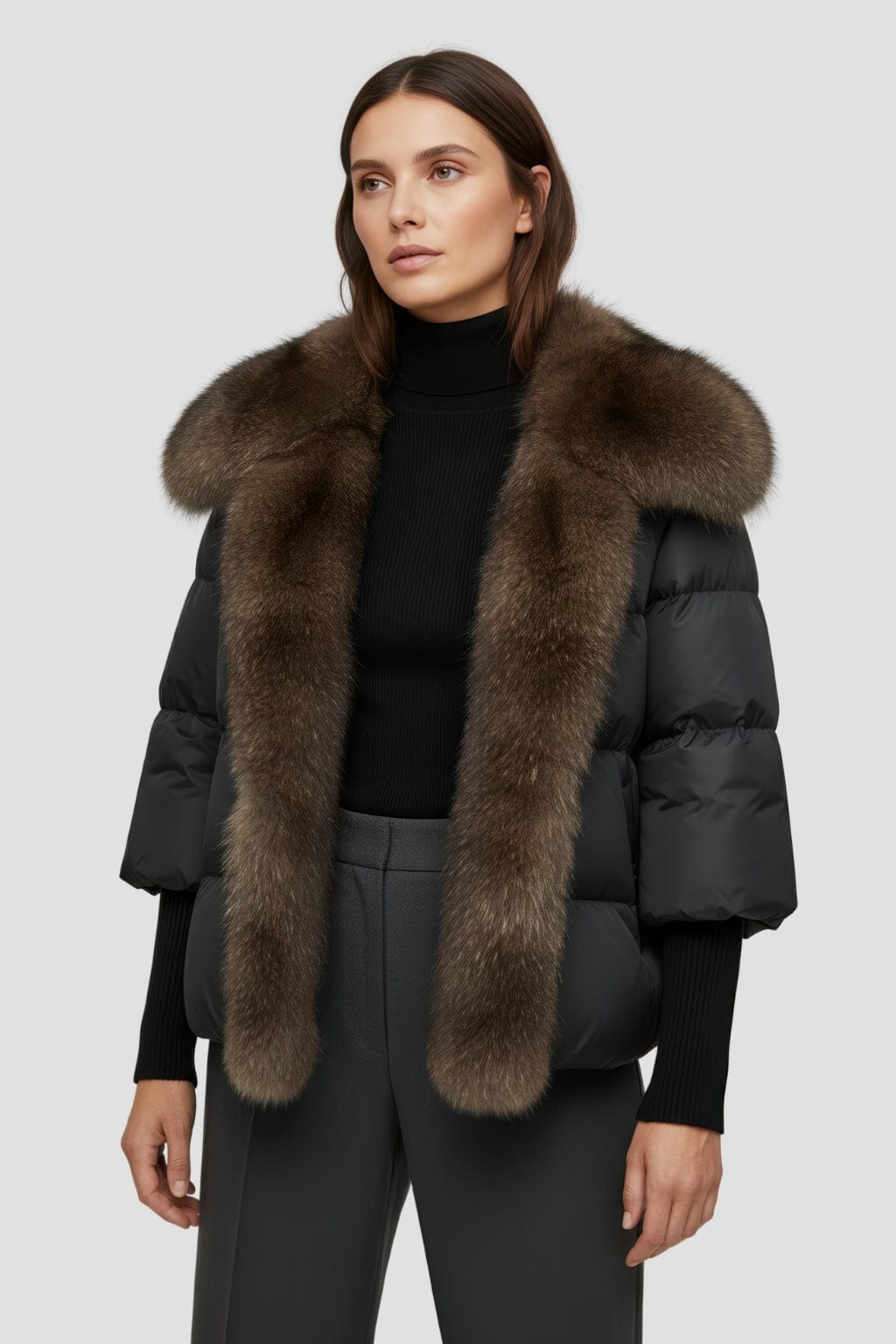 Doudoune col fourrure femme brun Héritage fourrure