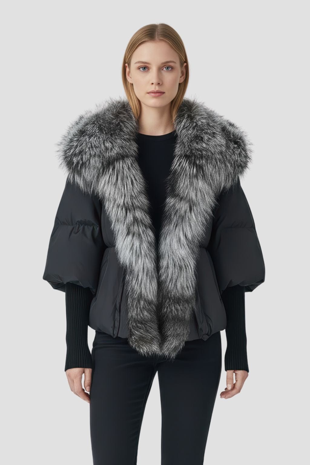 Doudoune col fourrure femme gris Héritage fourrure