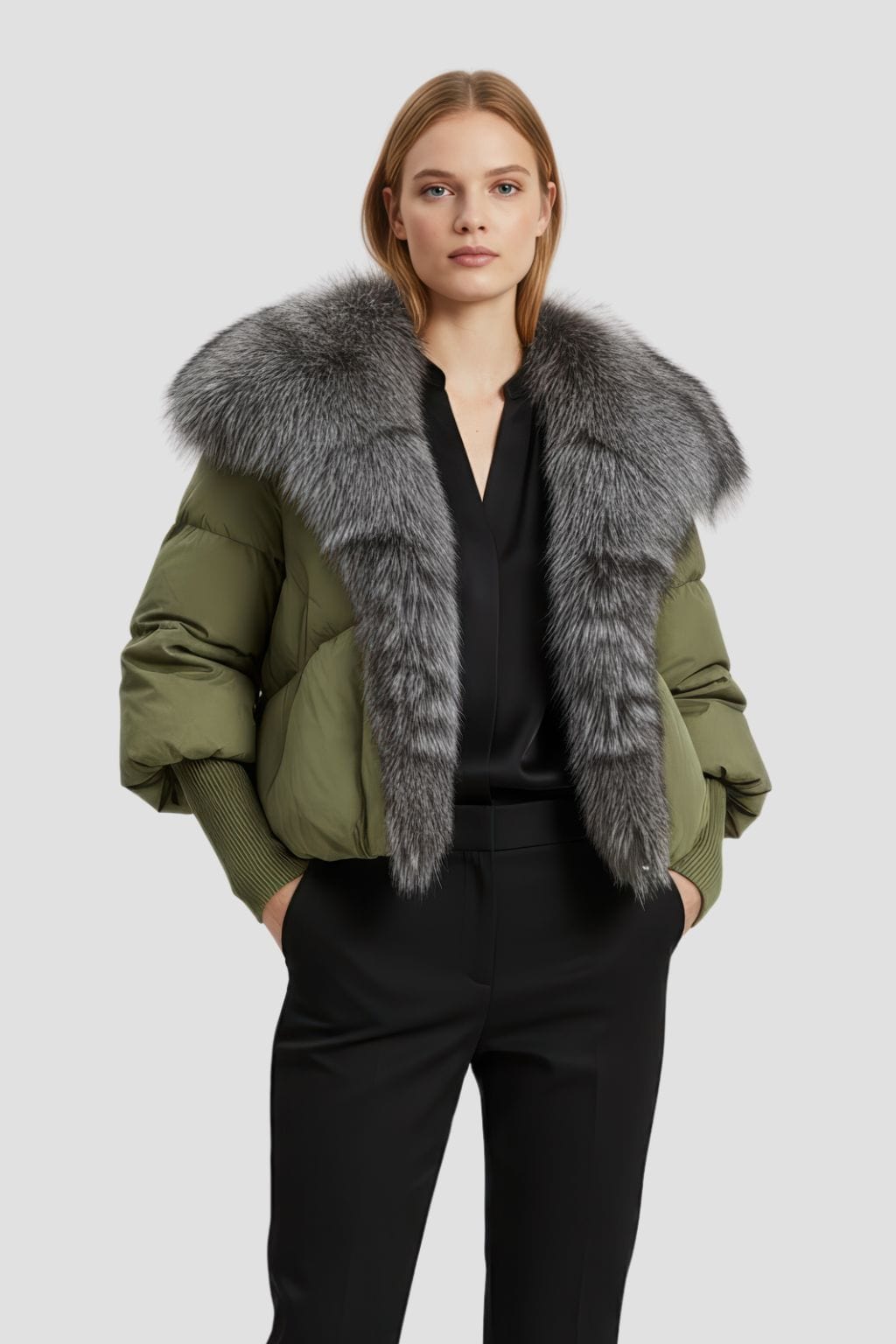 Doudoune col fourrure femme vert Héritage fourrure