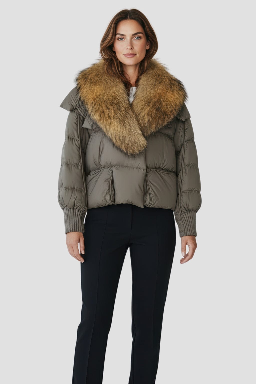 Doudoune col fourrure femme vert Héritage fourrure