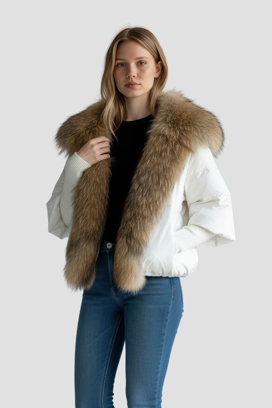 Doudoune mi longue à fourrure femme blanc Héritage fourrure