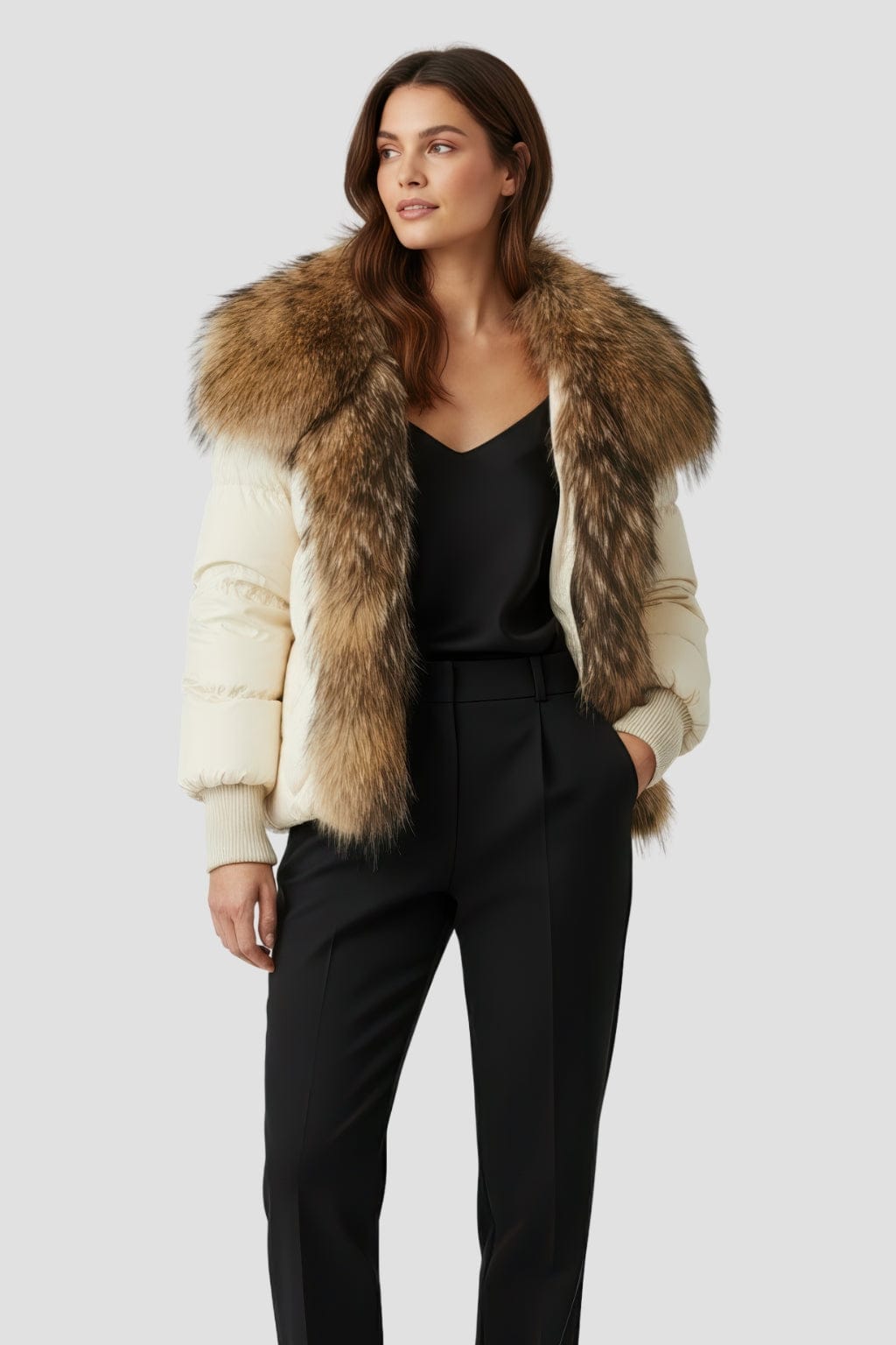 Doudoune mi longue à fourrure femme blanc Héritage fourrure