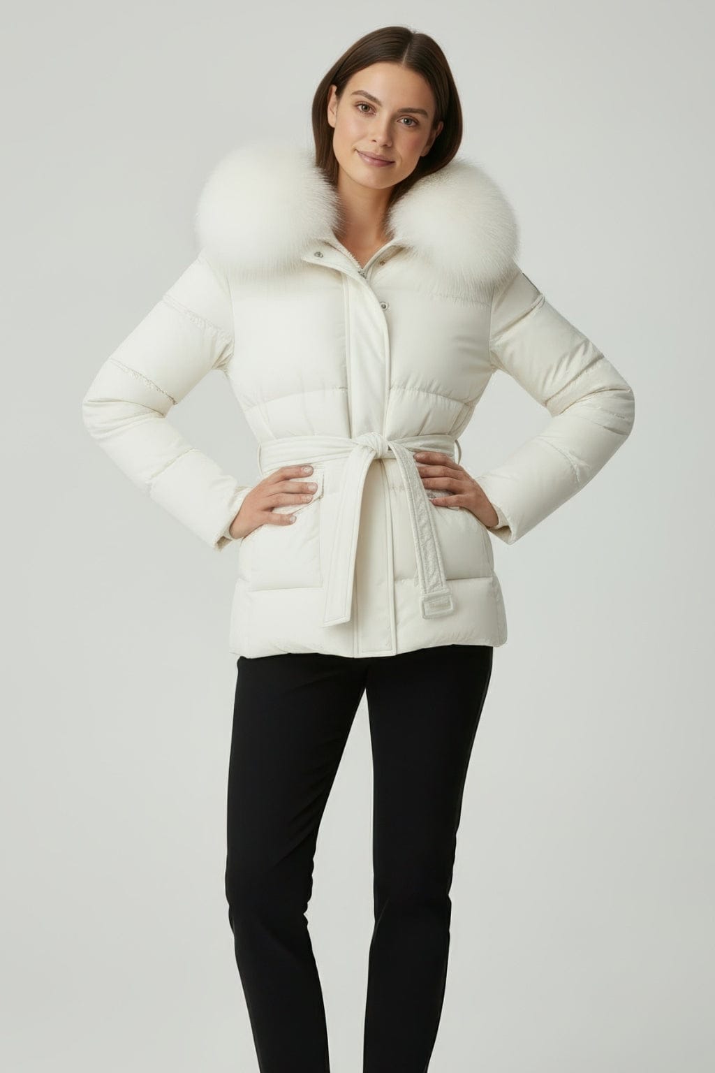 Doudoune mi longue à fourrure femme blanc Héritage fourrure