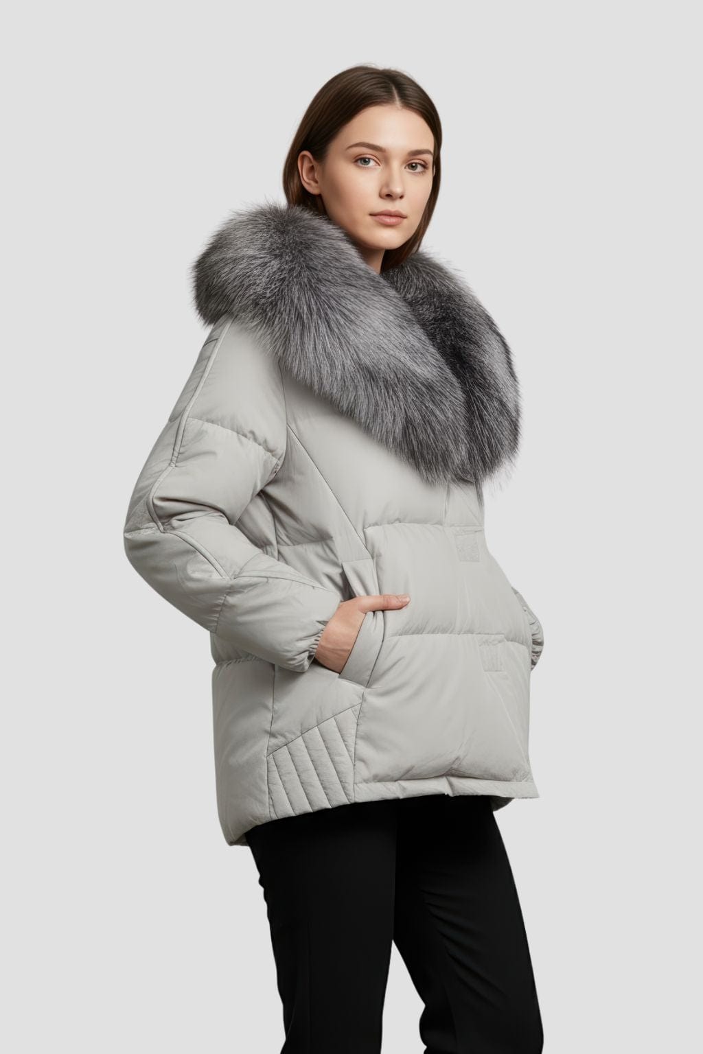 Doudoune mi longue à fourrure femme gris Héritage fourrure