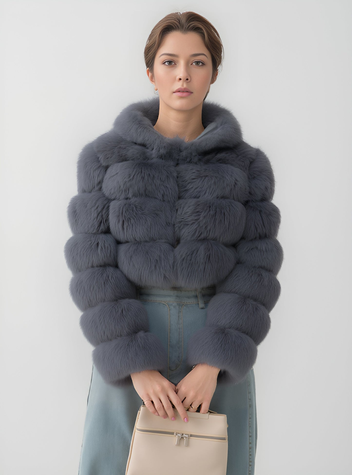 Manteau en fourrure femme gris capuche Héritage fourrure