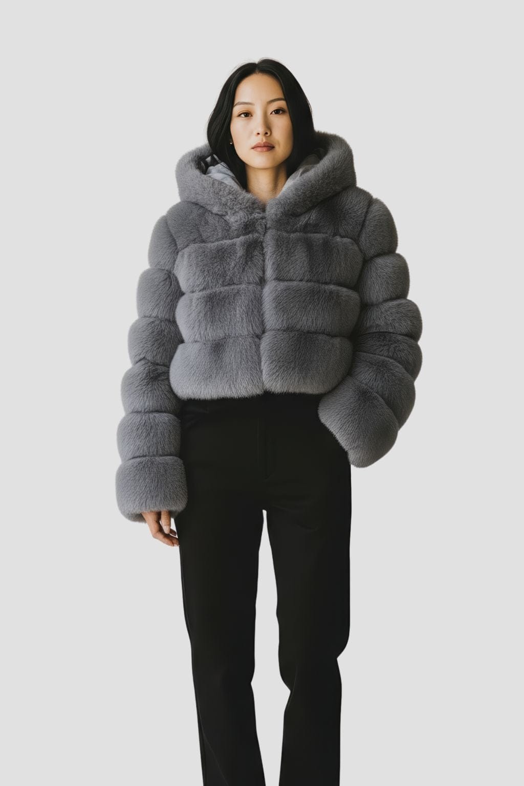 Manteau en fourrure femme gris capuche Héritage fourrure