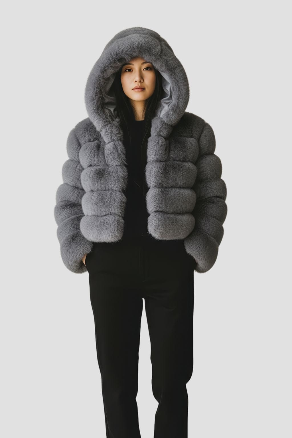 Manteau en fourrure femme gris capuche Héritage fourrure