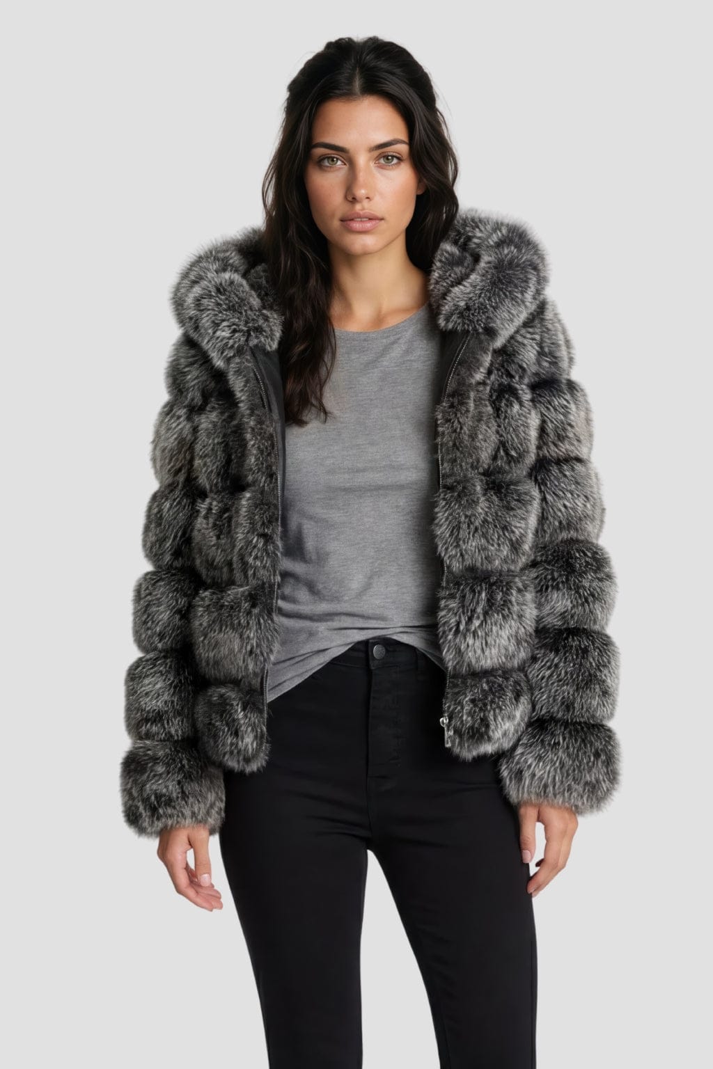 Manteau en fourrure femme gris capuche Héritage fourrure