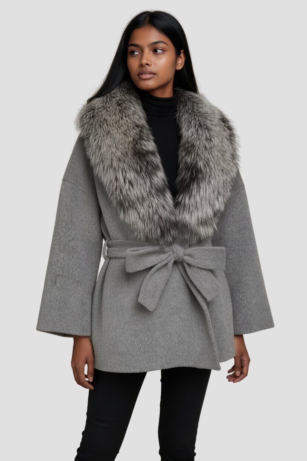 Veste cachemire fourrure femme grise Héritage fourrure