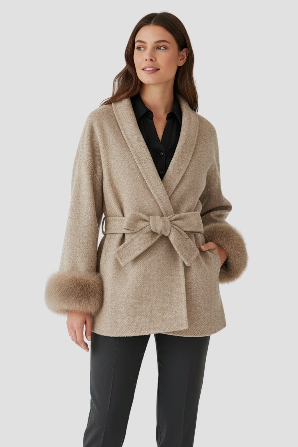 Veste cachemire fourrure femme marron Héritage fourrure