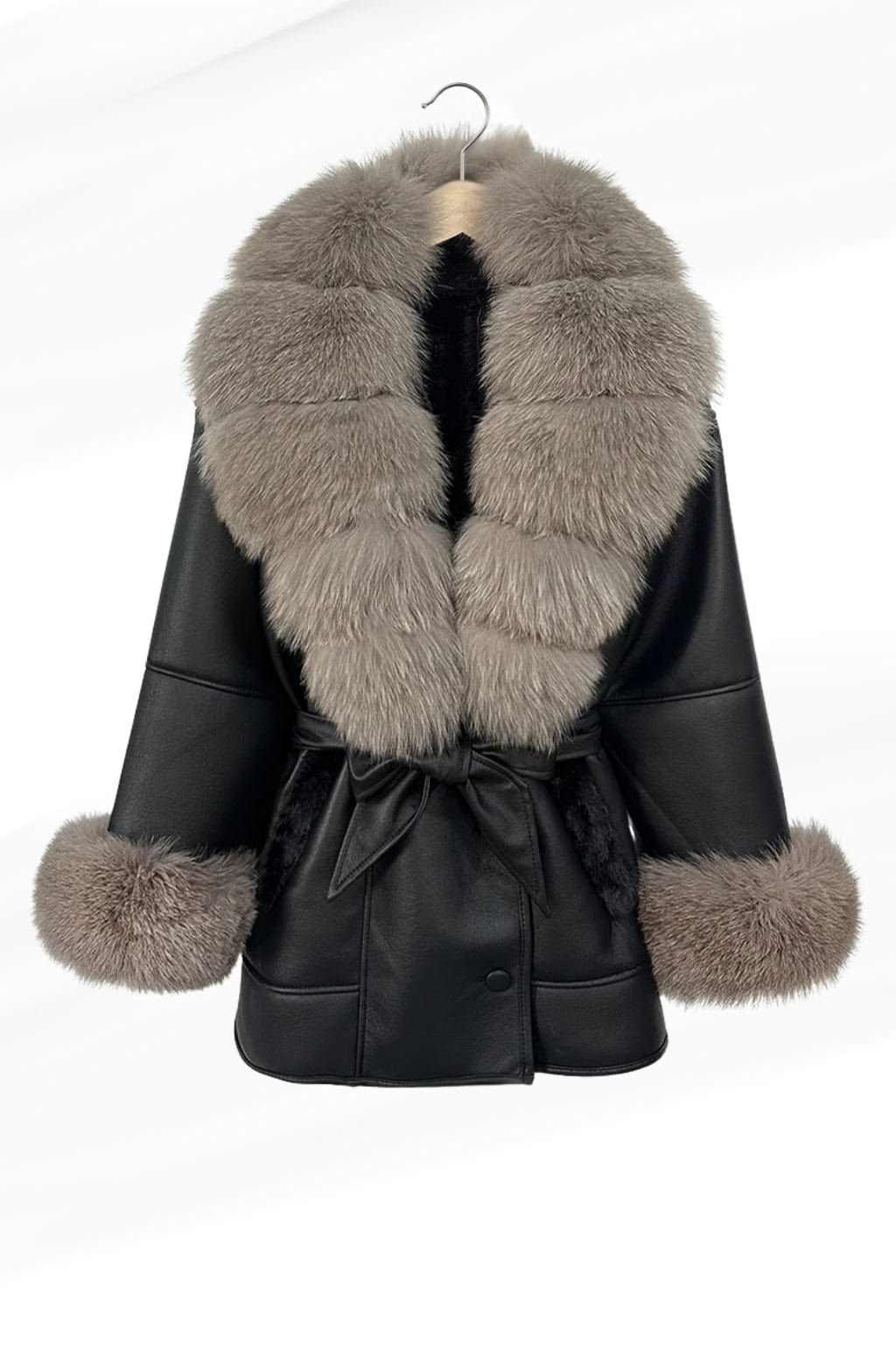 Veste en cuir à fourrure grise Héritage fourrure