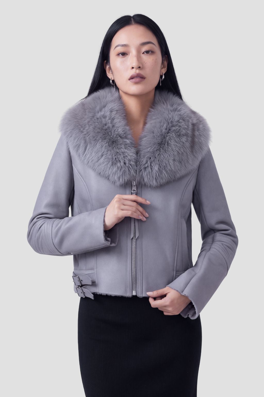 Veste en cuir à fourrure grise Héritage fourrure