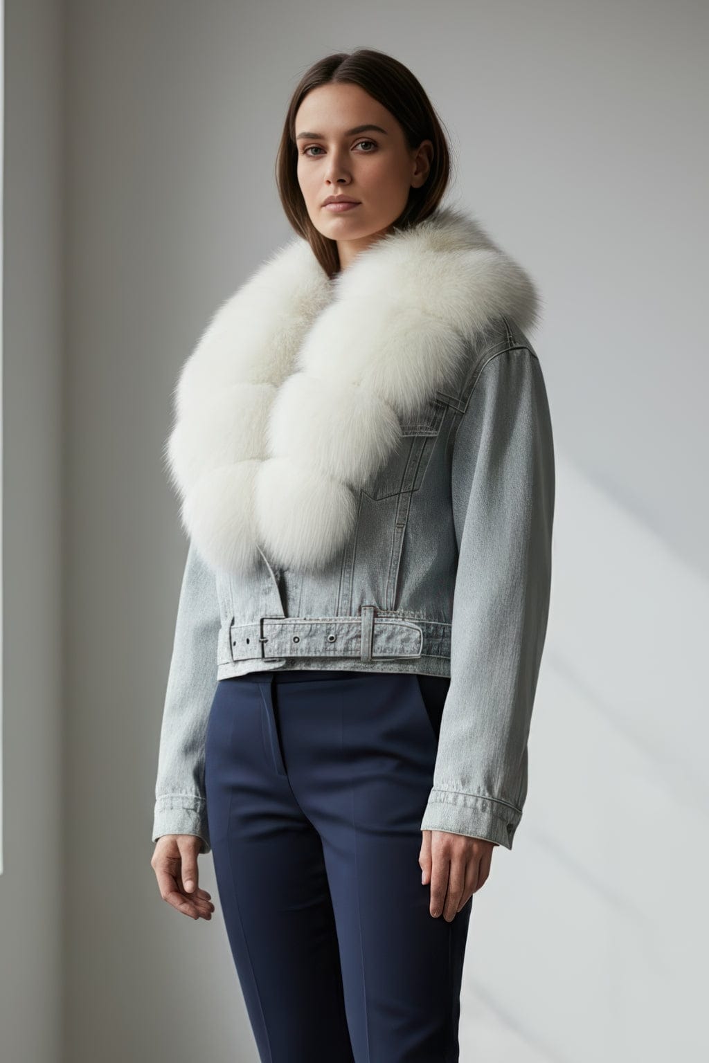 Blouson en fourrure court à col blanc Héritage fourrure