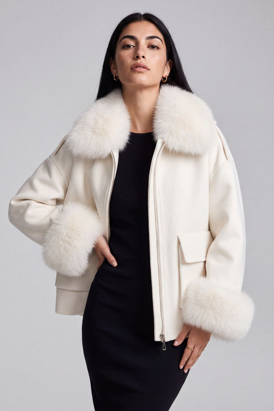 Blouson en fourrure court à col blanc Héritage fourrure
