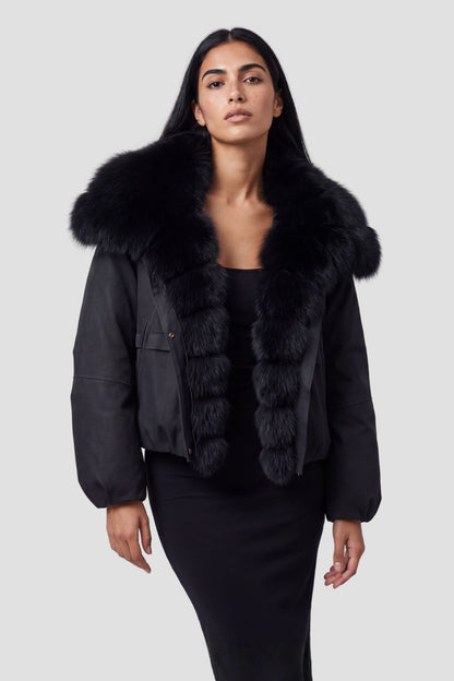 Blouson en fourrure femme à col noir Héritage fourrure