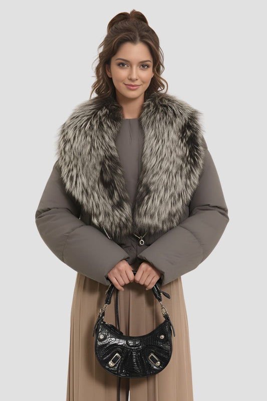 Blouson fourrure femme col argenté Héritage fourrure