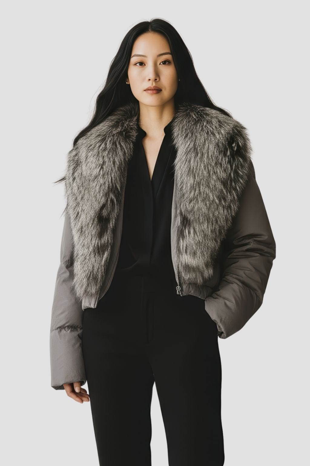 Blouson fourrure femme col argenté Héritage fourrure