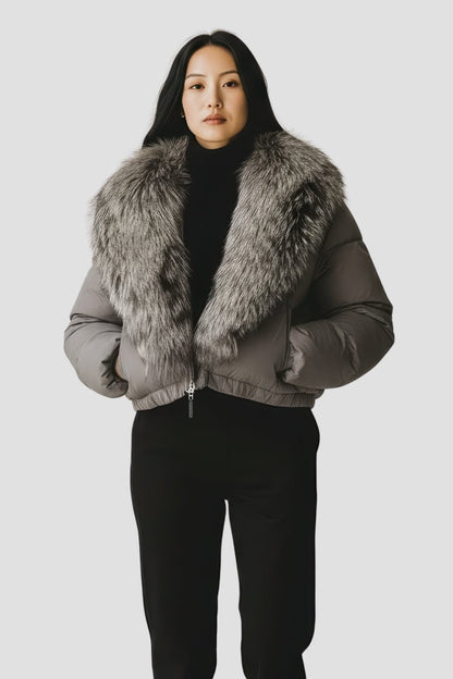 Blouson fourrure femme col argenté Héritage fourrure