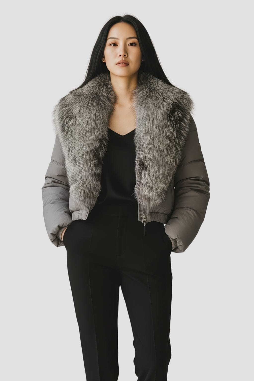 Blouson fourrure femme col argenté Héritage fourrure