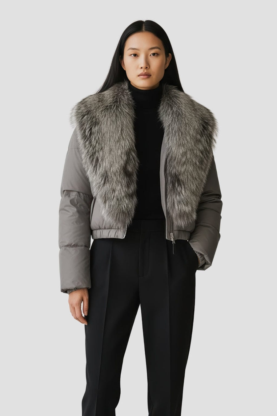 Blouson fourrure femme col argenté Héritage fourrure