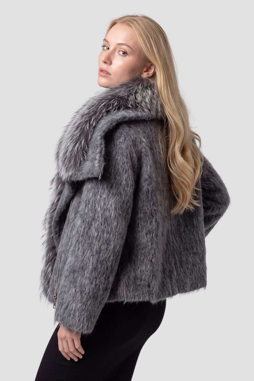 Blouson fourrure femme col argenté Héritage fourrure