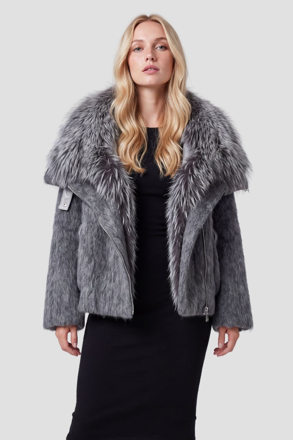 Blouson fourrure femme col argenté Héritage fourrure
