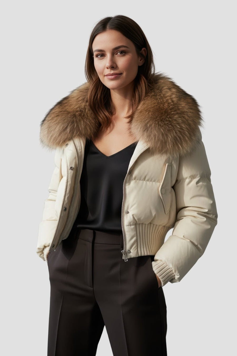 Blouson fourrure femme mi long beige Héritage fourrure