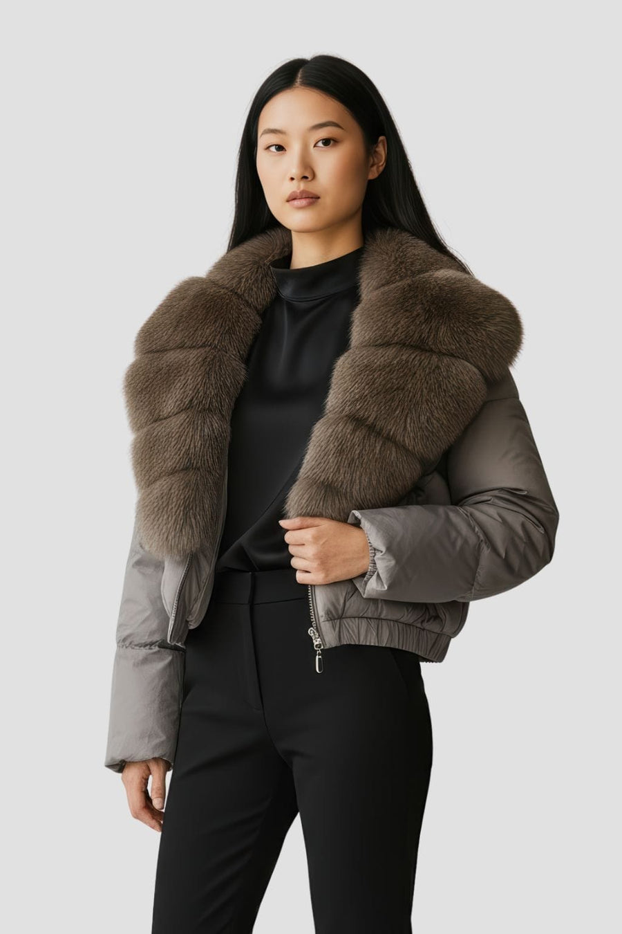 Blouson fourrure femme mi long gris Héritage fourrure