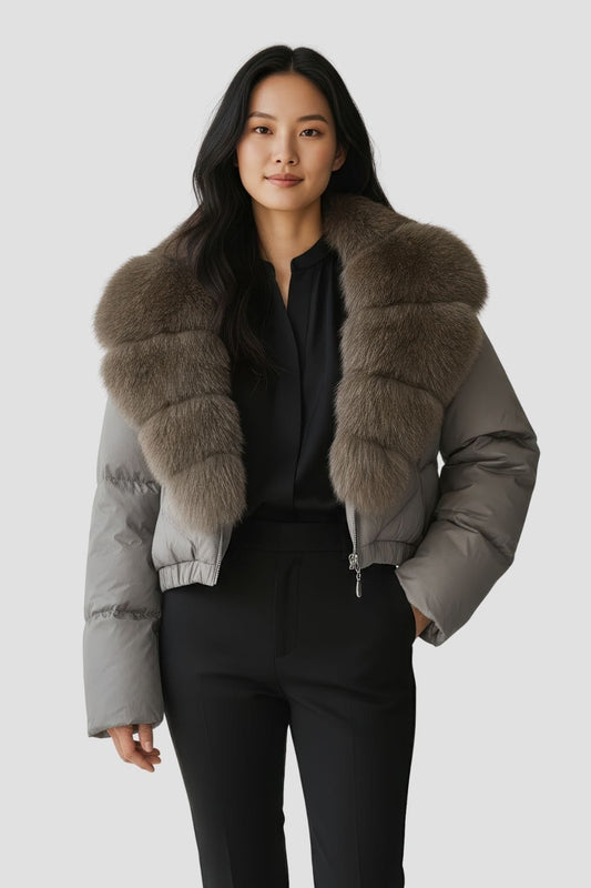 Blouson fourrure femme mi long gris Héritage fourrure