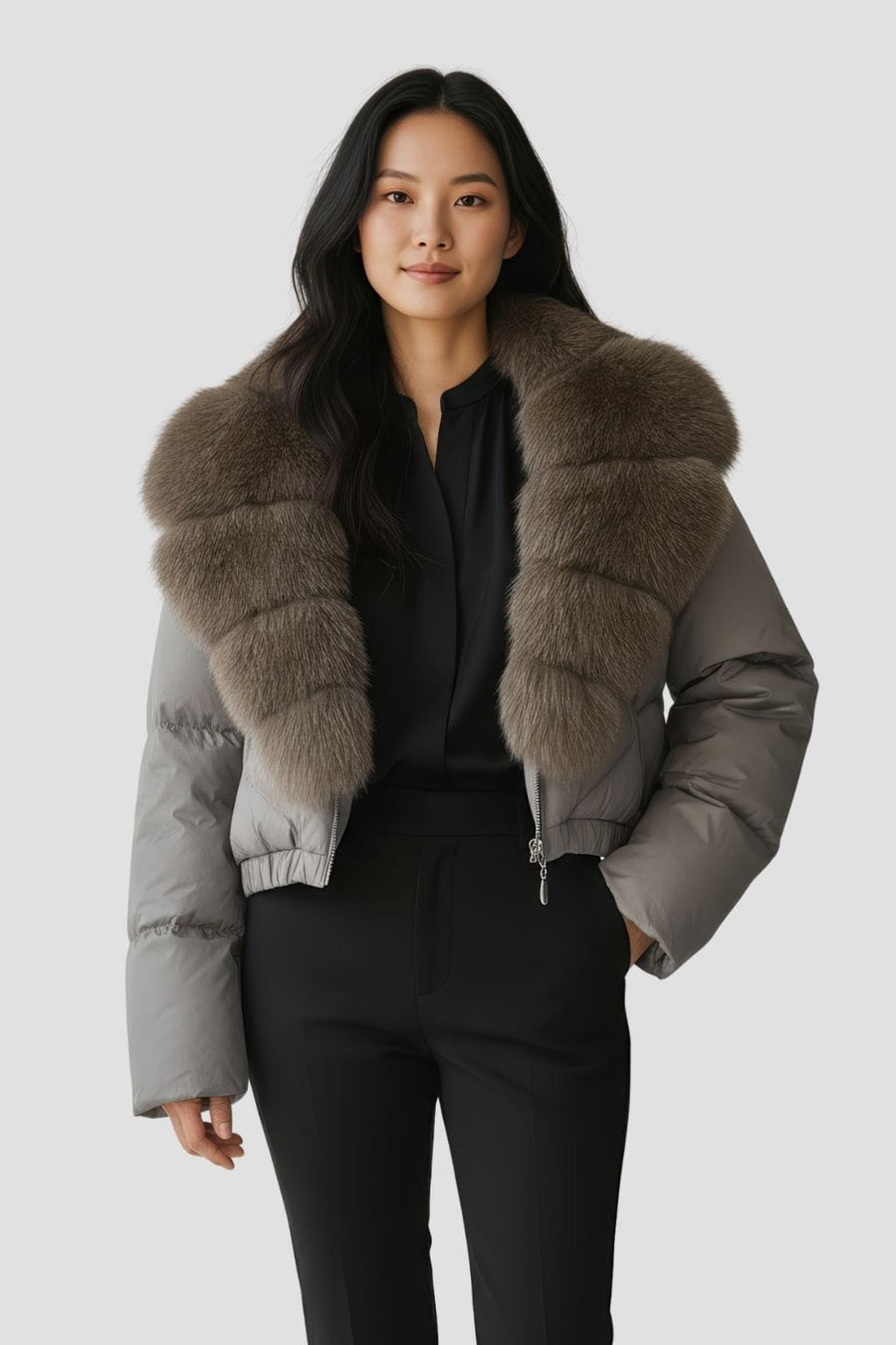 Blouson fourrure femme mi long gris Héritage fourrure
