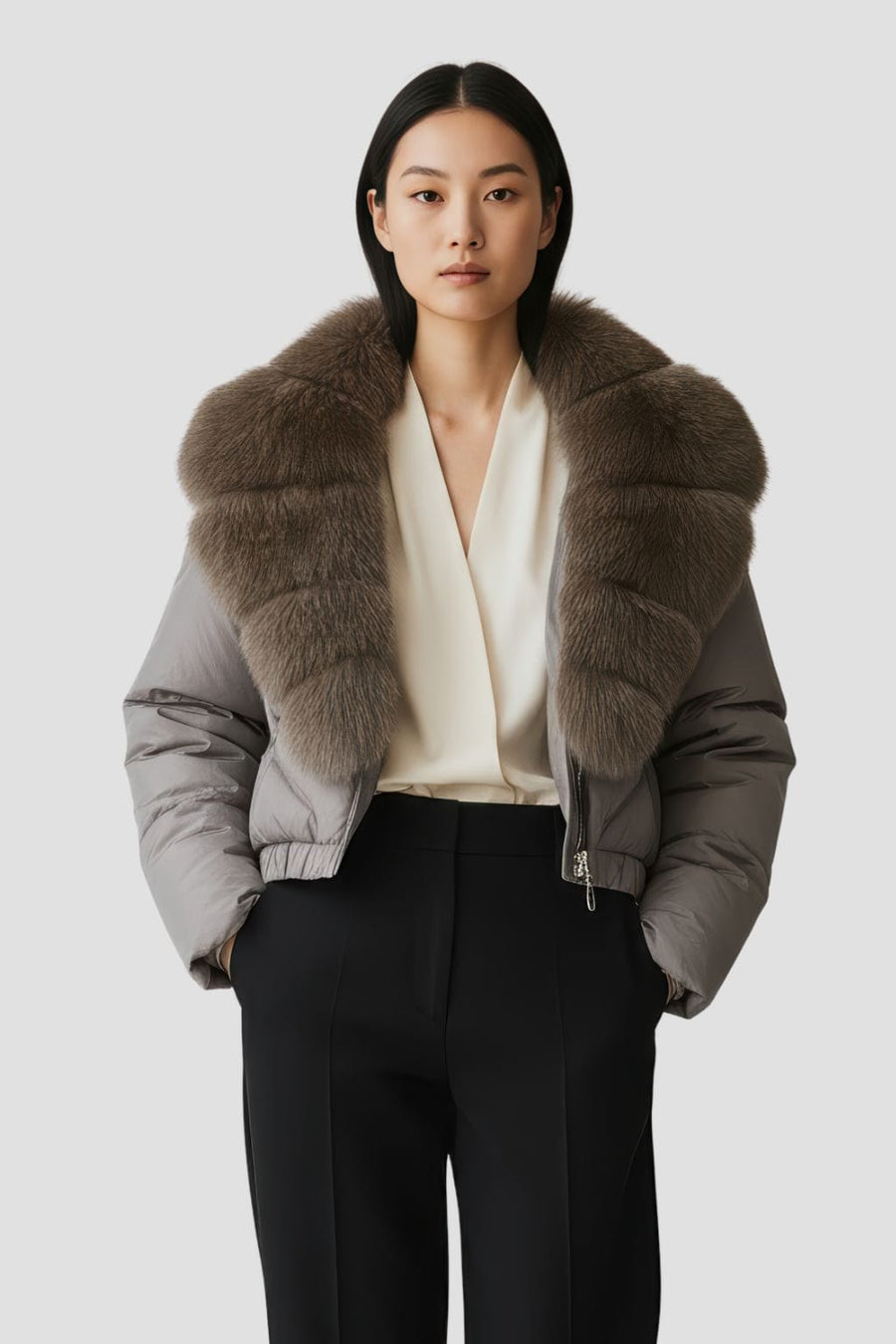 Blouson fourrure femme mi long gris Héritage fourrure