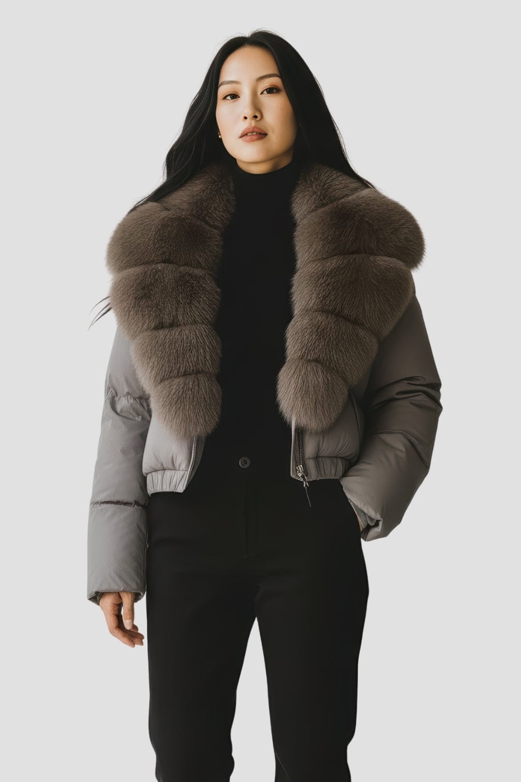 Blouson fourrure femme mi long gris Héritage fourrure