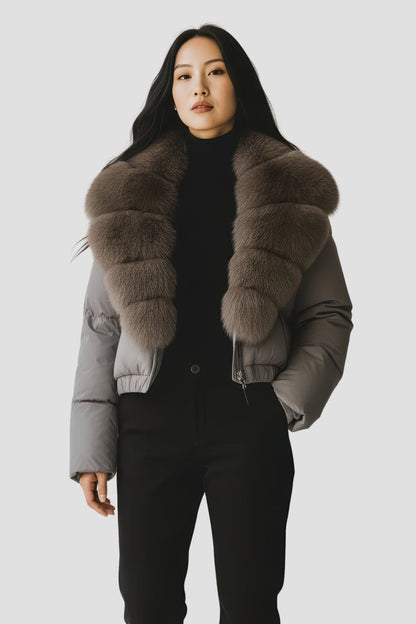 Blouson fourrure femme mi long gris Héritage fourrure