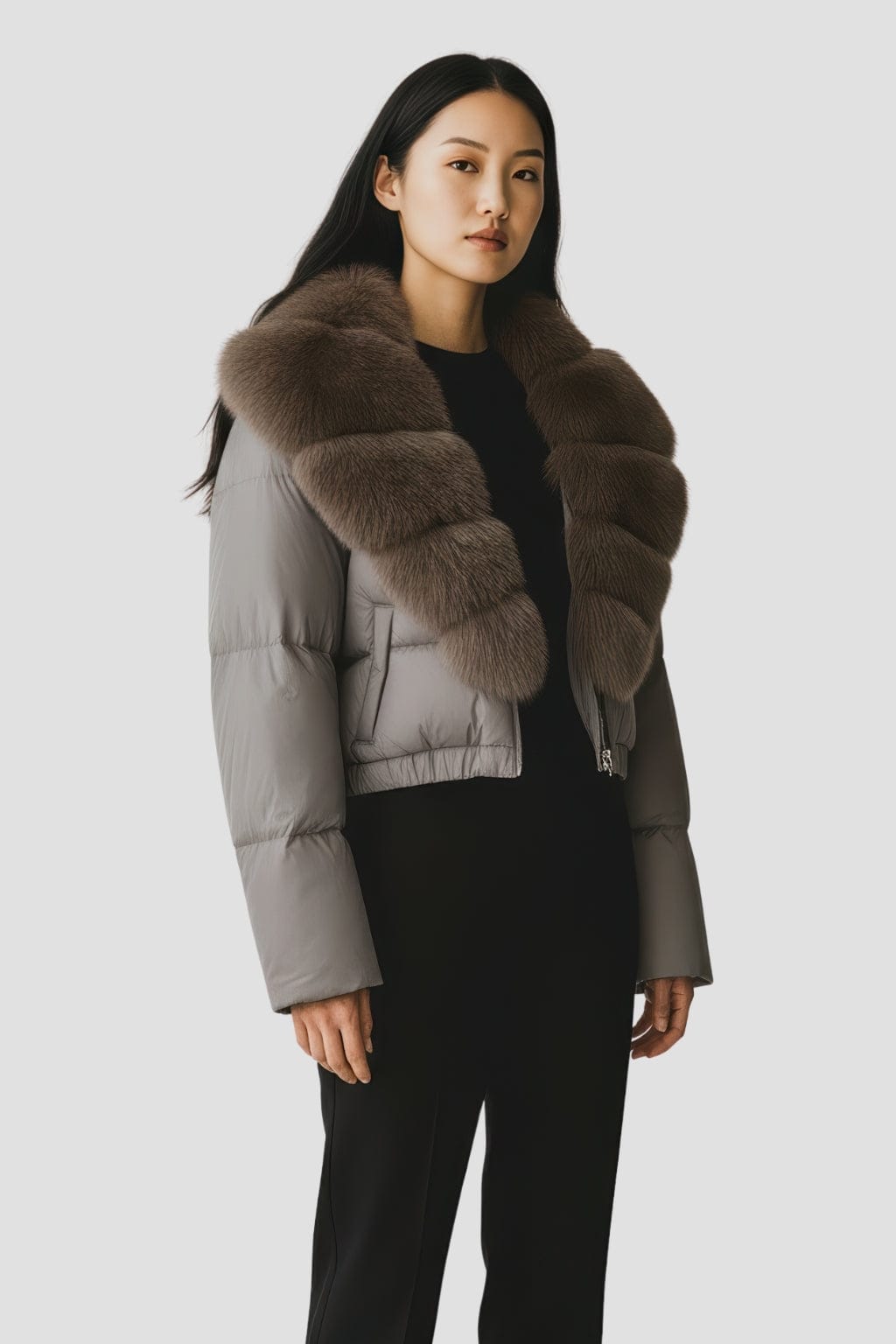 Blouson fourrure femme mi long gris Héritage fourrure