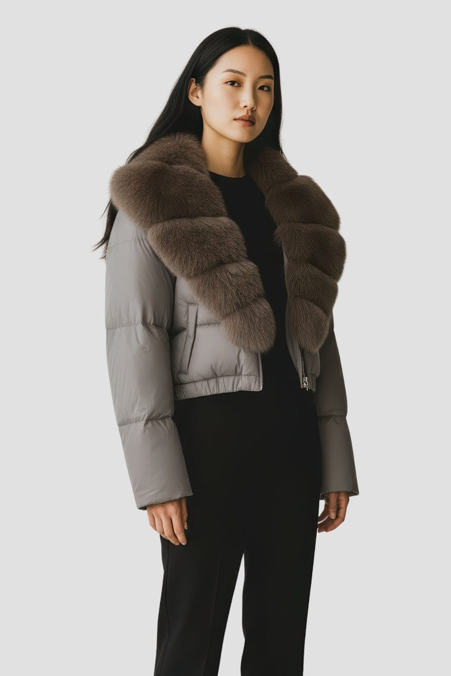 Blouson fourrure femme mi long gris Héritage fourrure