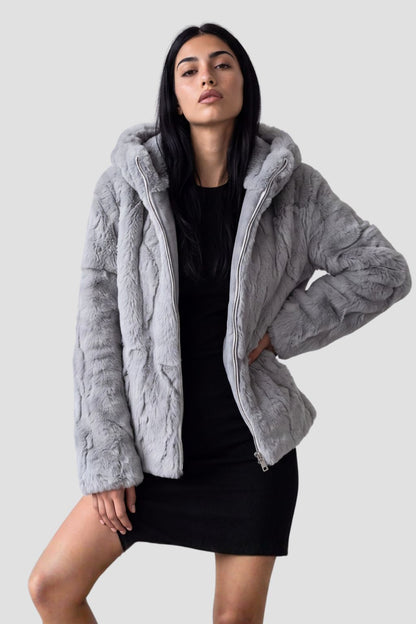 Blouson fourrure femme mi long gris Héritage fourrure