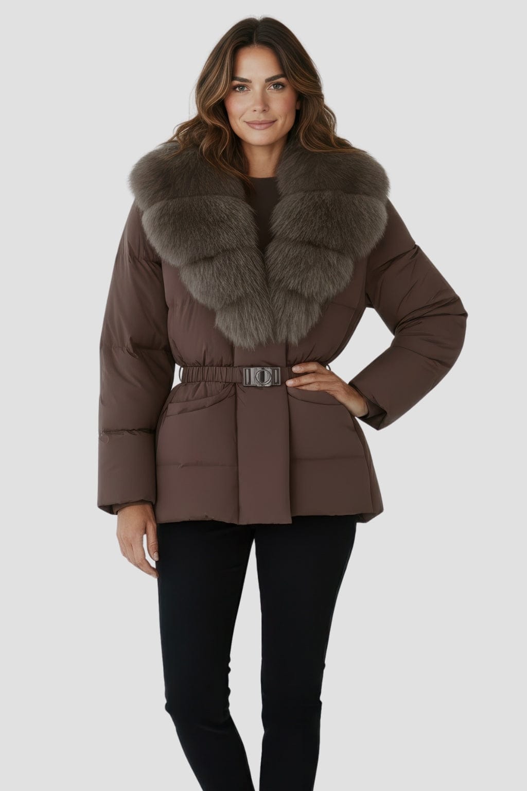 Blouson fourrure femme mi long marron Héritage fourrure