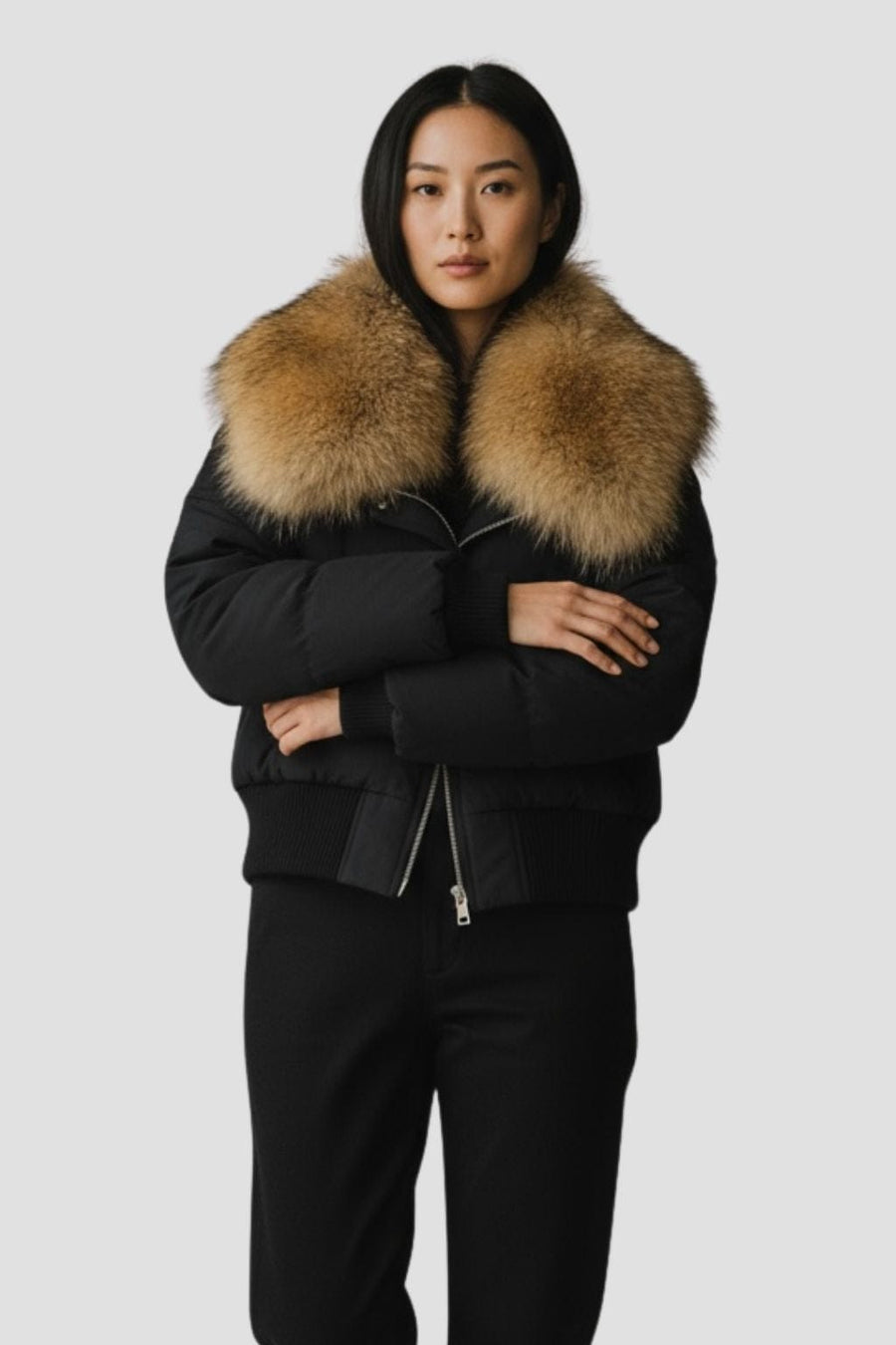 Blouson fourrure femme mi long noir Héritage fourrure