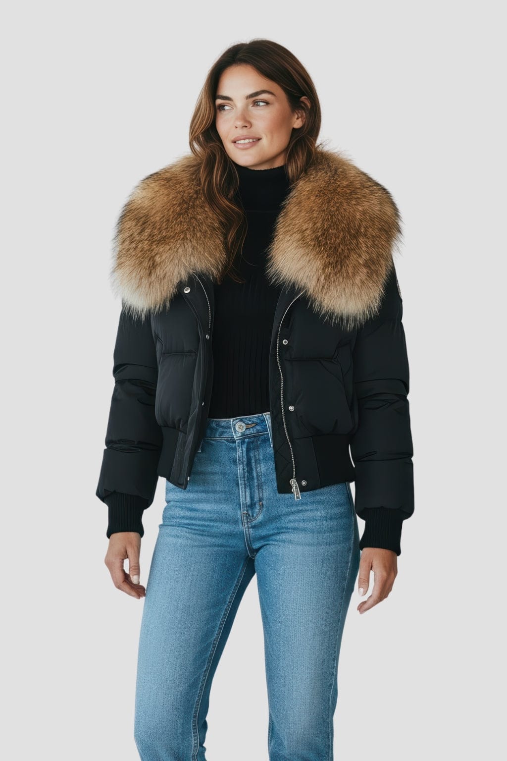 Blouson fourrure femme mi long noir Héritage fourrure