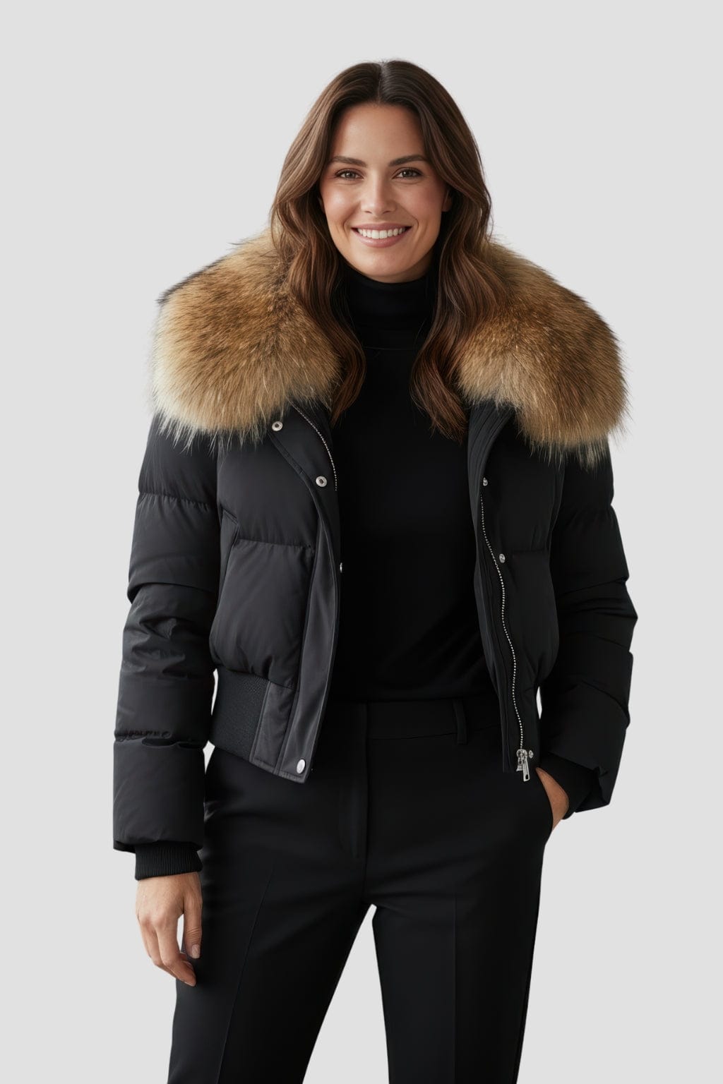 Blouson fourrure femme mi long noir Héritage fourrure